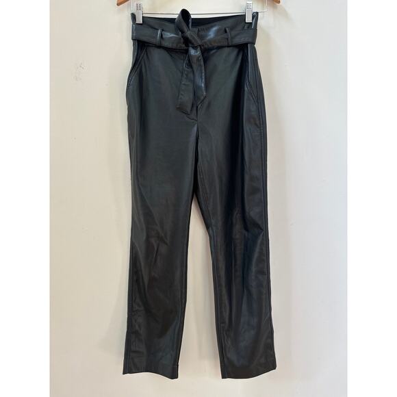 Babaton Aritzia Vegan Faux Leather Belted Pants Tie Front High Rise Black - Picture 2 of 7